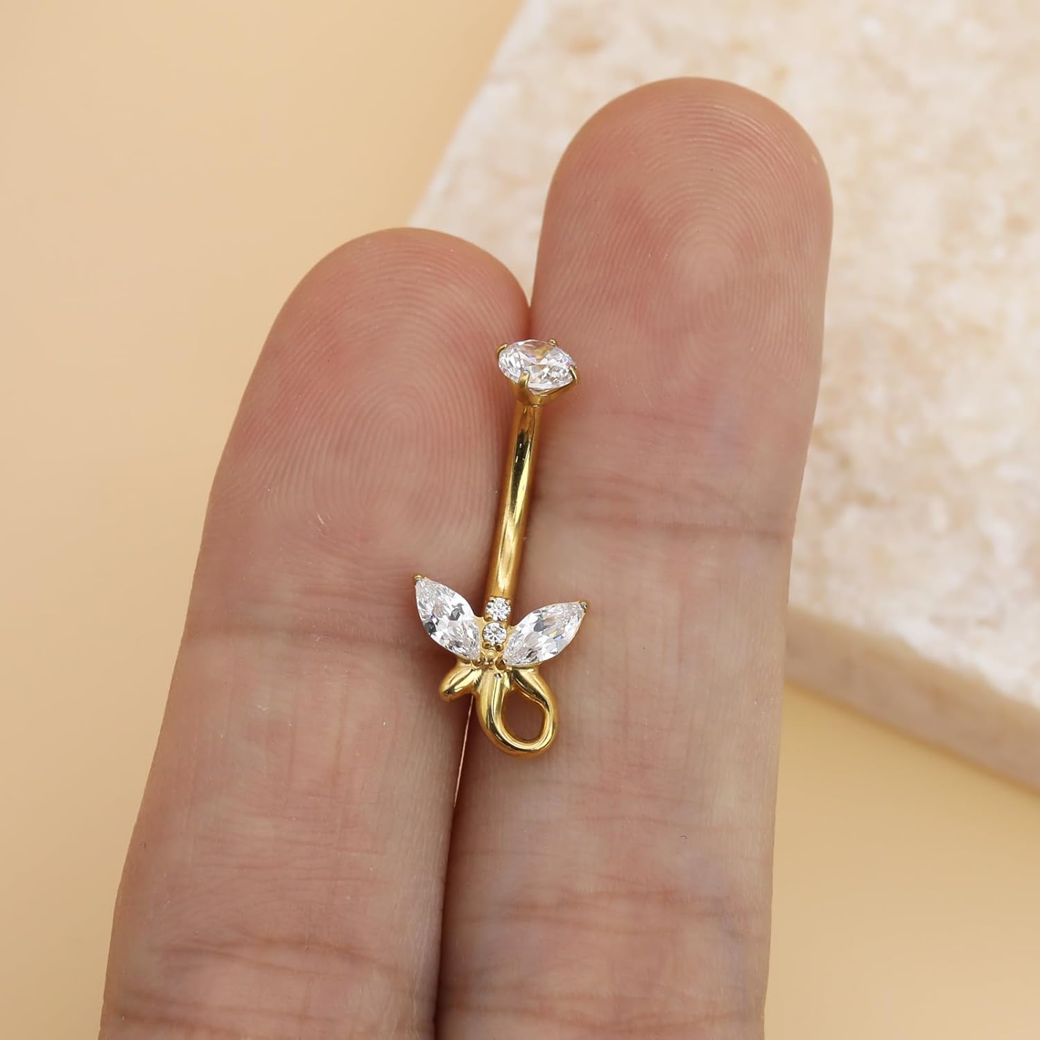 XUU Titanium Belly Button Rings – 14G Navel Piercing Jewelry with Multi-Shape Zircon (Flower, Crown, Butterfly, Marquise) – Hypoallergenic Curved Barbell Belly Ring for Women, Gold or Silver - Image 5