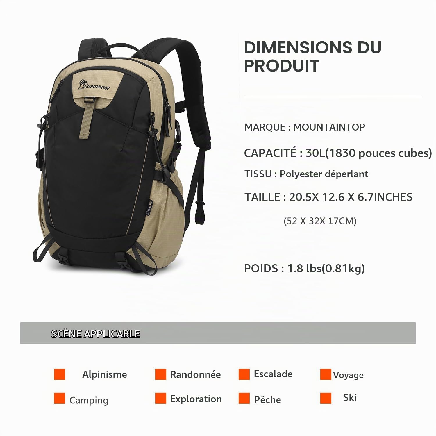 MOUNTAINTOP Sac à dos de randonnée 30 L/40 l pour homme et femme, pour le quotidien et l'extérieur, les randonnées quotidiennes et les randonnées à vélo