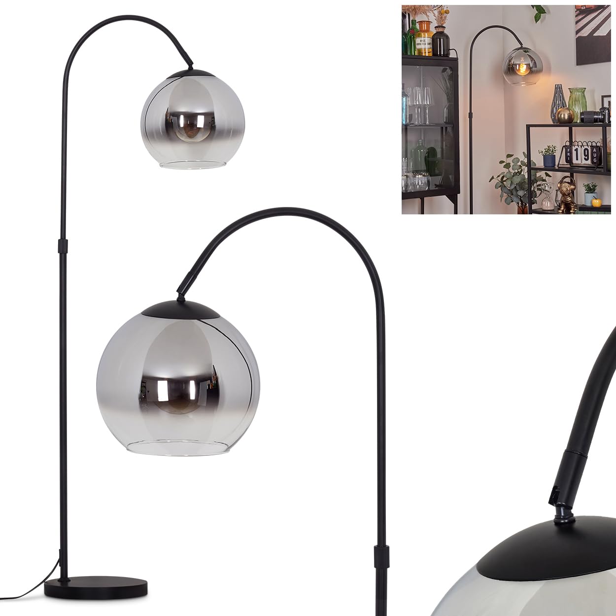 Lampada da terra Koyoto, lampada da terra metallo/vetro in nero/cromo/trasparente/fumo, lampada in design retrò/vintage/industriale con paralume in vetro (Ø 25 cm) e interruttore a pedale, 1x E27,