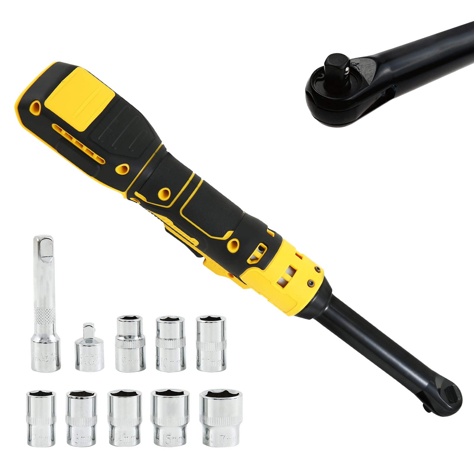 Clé à cliquet électrique sans fil étendue de 3/8" compatible avec batterie Dewalt 18 V 20 V, clé à cliquet 320 tr/min 80 N.m avec tête de 15,2 cm et lumière LED, avec 8 douilles et adaptateur 6,35 mm
