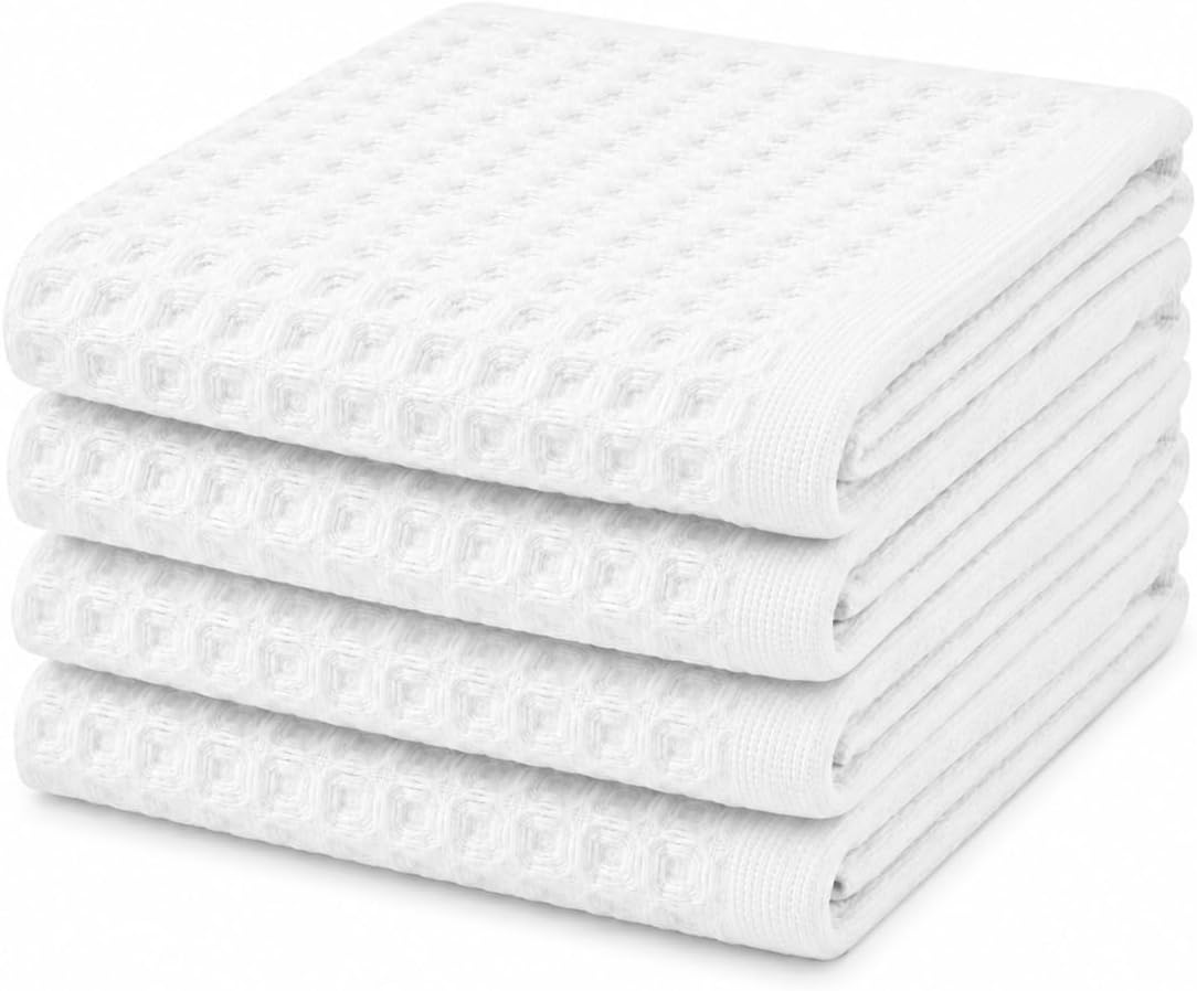 Tabea 100% Cotton Waffle Kitchen Towel Set of 4 – Absorbent, Quick-Dry Dish Towels, Tea Towels (White, 13x13 Inches)