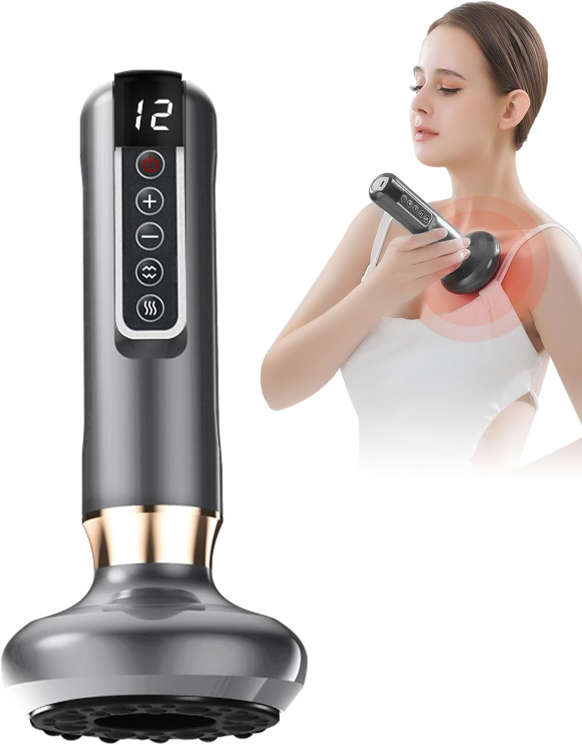 Masajeador Eléctrico de Ventosas, Vacío Ventosas Masajeador con 12 Niveles de Aspiración y Luz Roja, Función de Temporización y Pantalla de Cristal Líquido para Reduce El Dolor Muscular