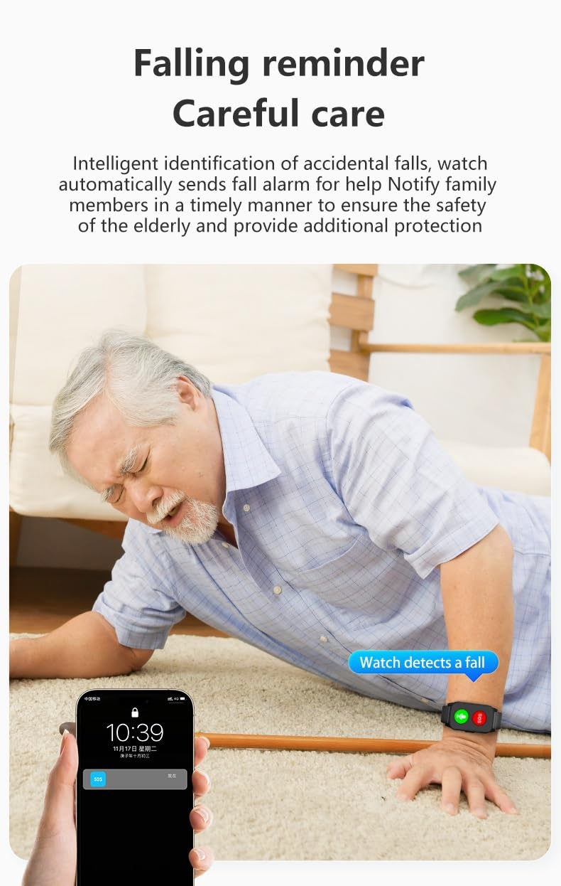 X&Z-XAOY Montre De Suivi des Chutes pour La Démence Et L'Alzheimer Montre Intelligente pour Personnes Âgées avec Détection De Chute,GPS Appel SOS Systèmes D'alerte pour Les Personnes Âgées(Black)