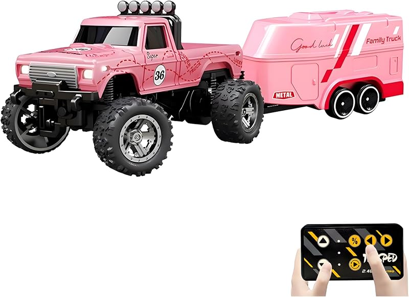 Mini Rc Truck, 1:64 Scale Monster Truck Remote Control Car with Lights, 2.4Ghz Remote Control, Speed/Steering Adjustable (Pink)