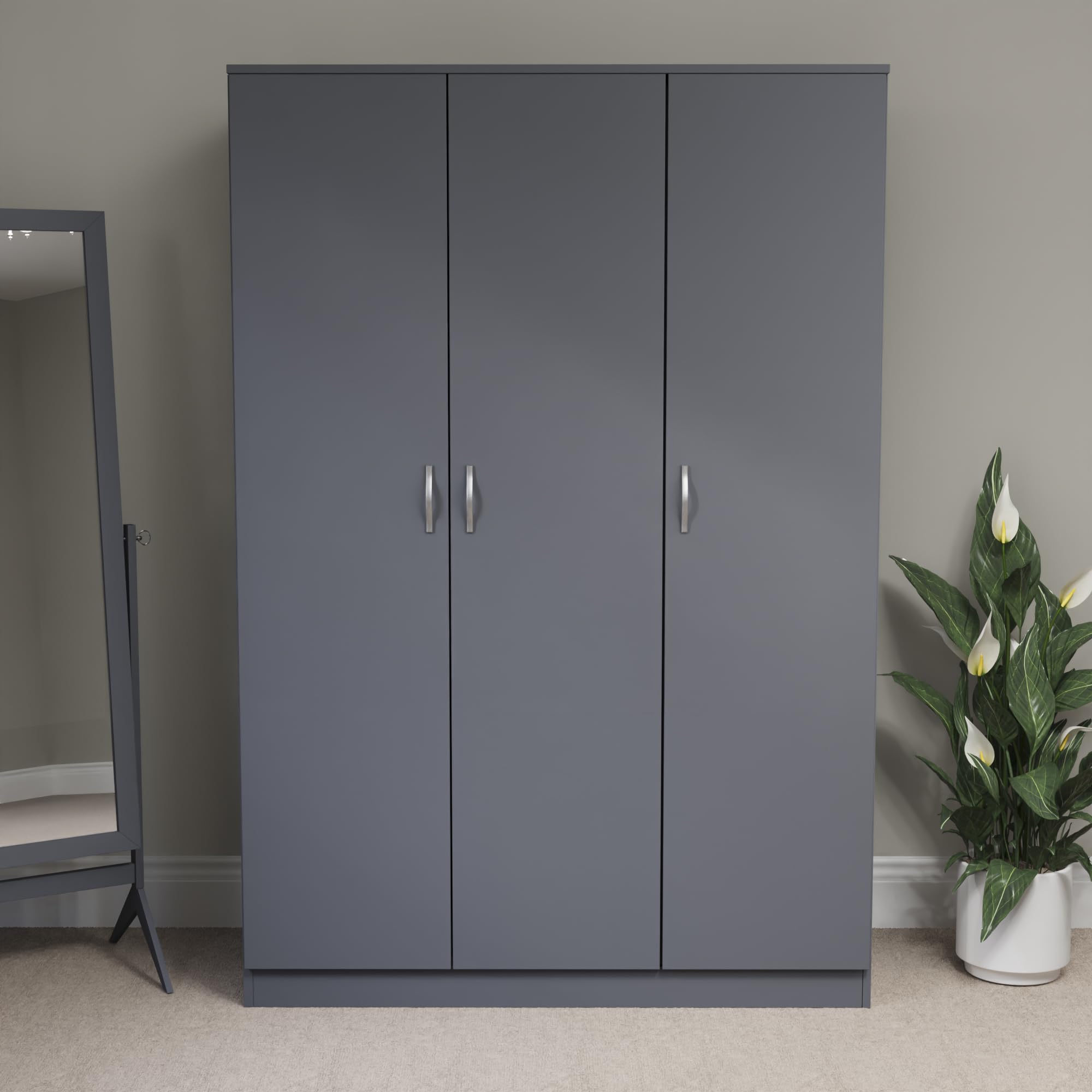 Vida Designs Riano 3 Door Wardrobe | Grey | Bedroom Furniture | 170H x 115.4W x 53D cm | with Shelf & Hanging Rail | Large Capacity Storage