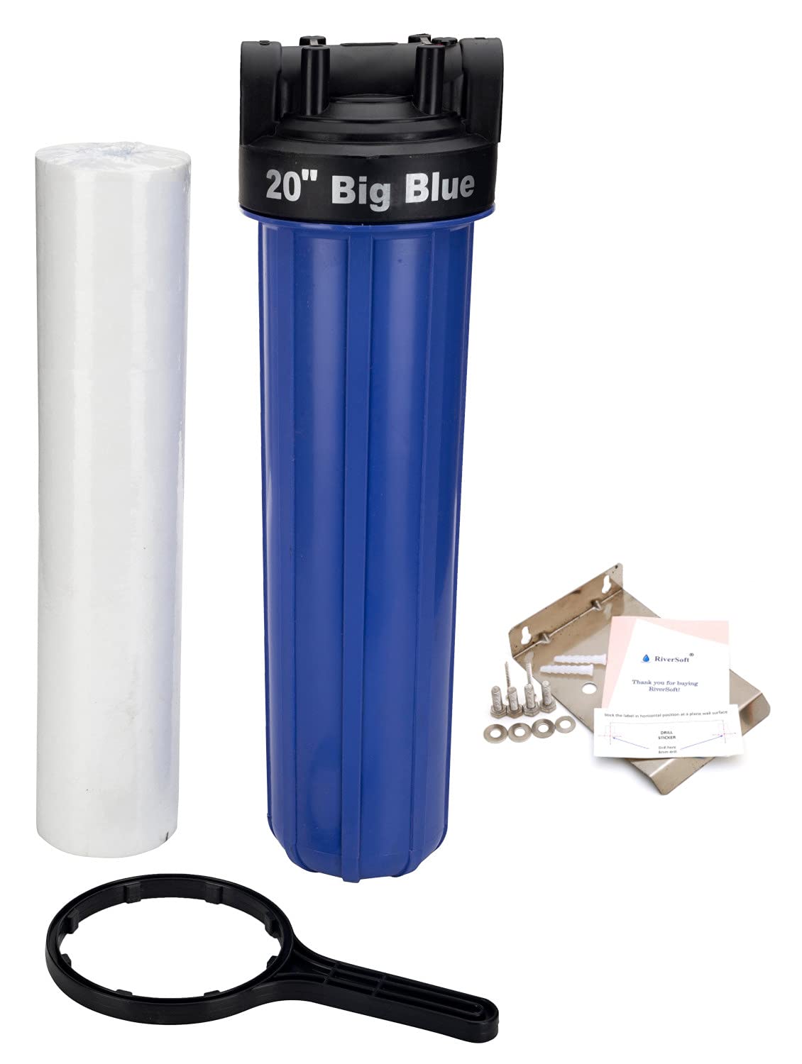 RiverSoft Sediment Filter Assembly ASP-20 HV, Spun Cartridge 5 Micron for filtering sediments, Install in mainline for 1 HP / 2 HP motor (20 inch, 1 inch inlet/outlet, Blue, PP)