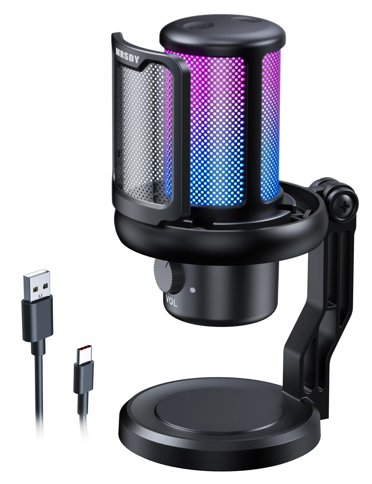 MRSDY Gaming Microphone, USB Noise Cancellation Condenser Mic with Headphone Jack, Mute, Gain, RGB, Suitable for PC, Computer, PS4, PS5, Mac,