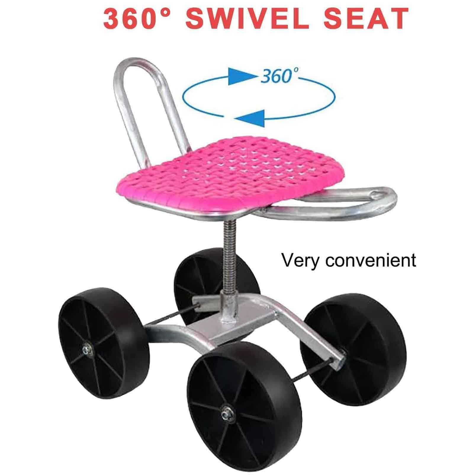 Seggiolino da lavoro da giardinaggio con 4 ruote, rotazione a 360°, altezza regolabile, carrello pieghevole per diserbo, piantare, cura del prato, rosa