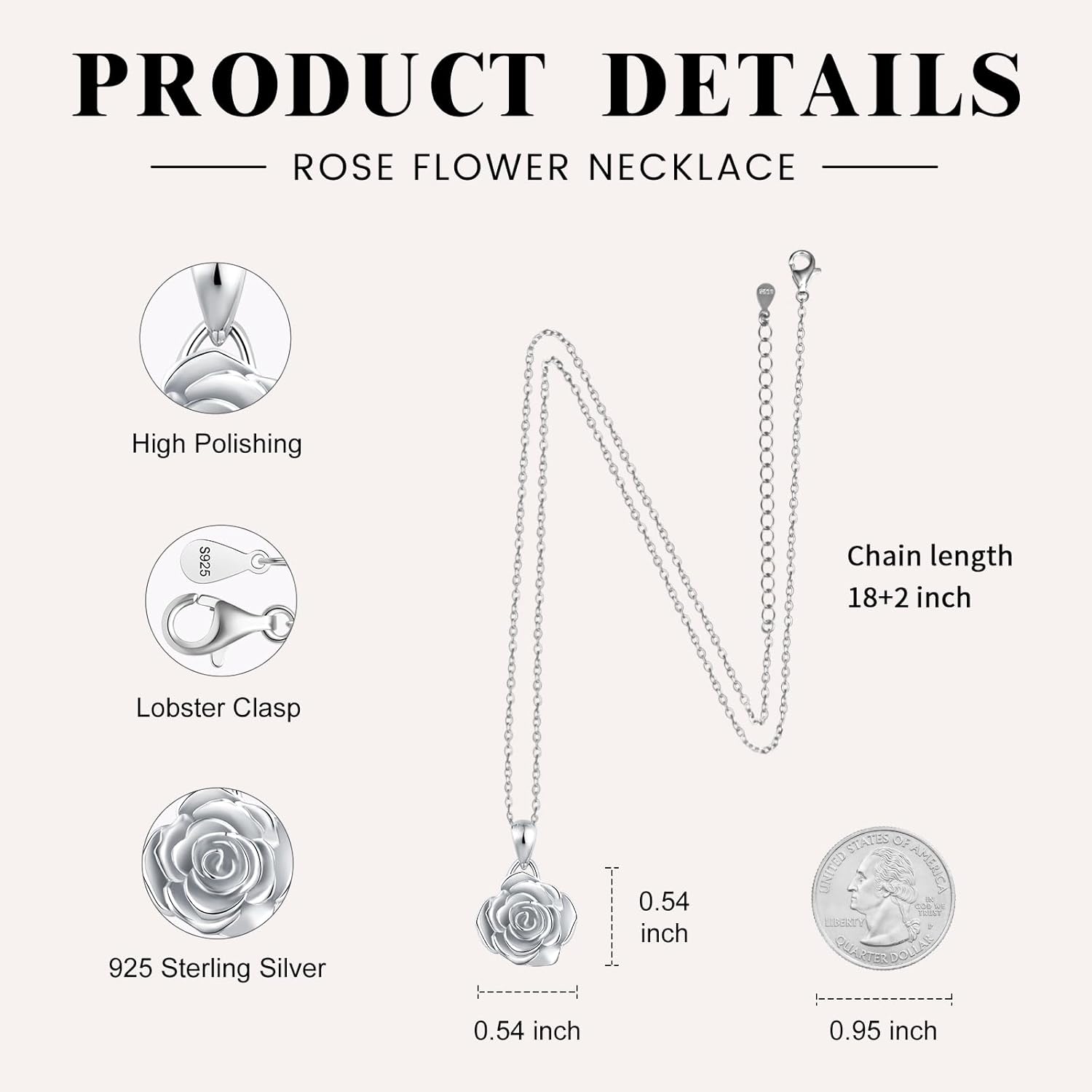 BEILIN 925 Sterling Silver Rose Flower Necklace Rose Pendant Necklaces Jewelry for Women - Image 6