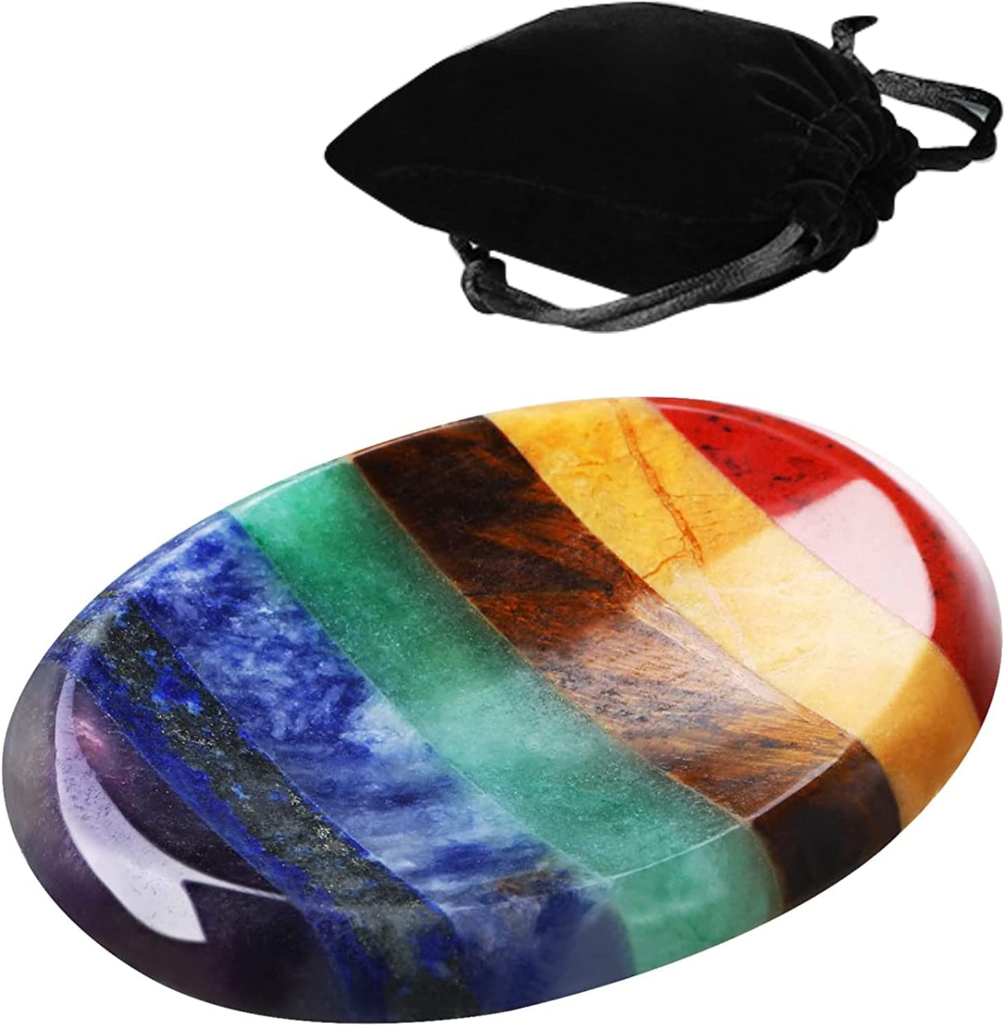 Thumb Worry Stone for Anxiety with Velvet Bag - 7 Chakra Healing Crystal Oval Pocket Palm Stone Gemstones for Reiki Balancing Meditation and Anxiety Relief