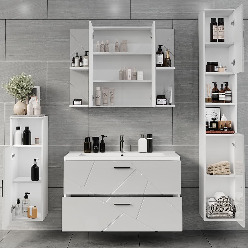 Vicco Set di mobili da bagno Irma, Bianco/bianco lucido, 100 cm, composto da mobile sottolavabo, lavabo, pensile, colonna e mobile medio