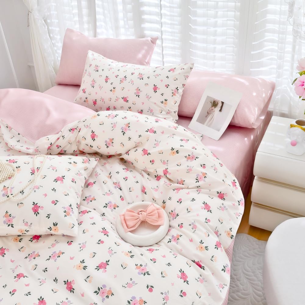 Housse de couette 240x260 blanc rose fleurs coton parure de lit 2 personnes avec fermeture éclair