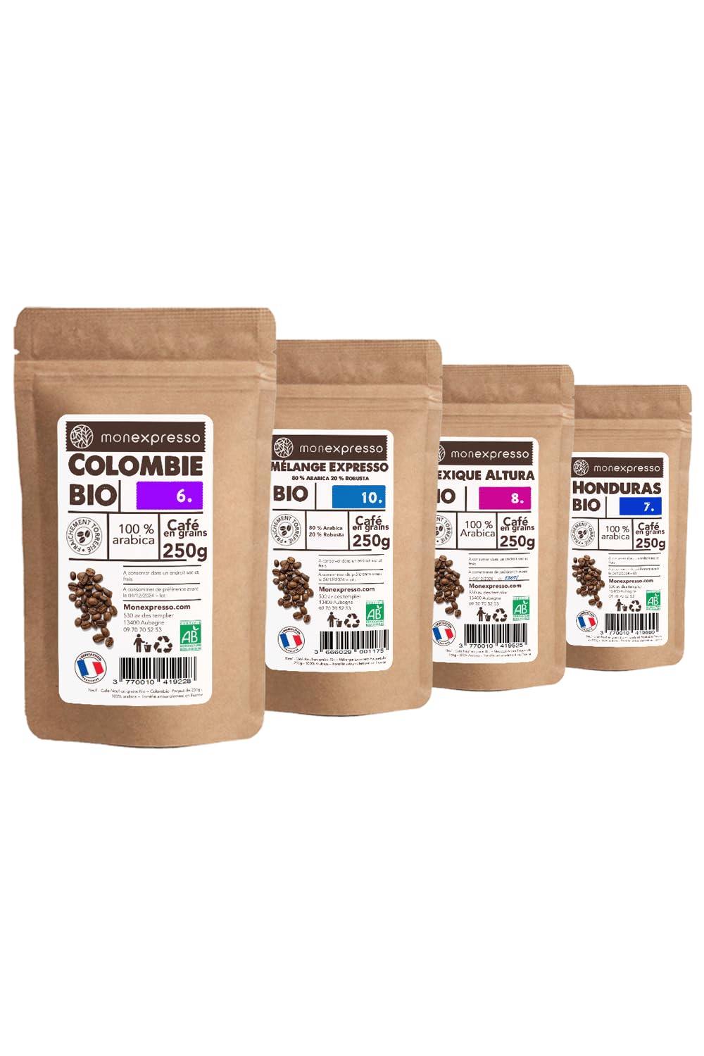 Coffret Café Grains Bio – 100% Arabica – 4 paquets de 250 g avec zip (1 kg) – Origines Colombie, Altura, Honduras, Mélange Espresso – Torréfaction Artisanale en France