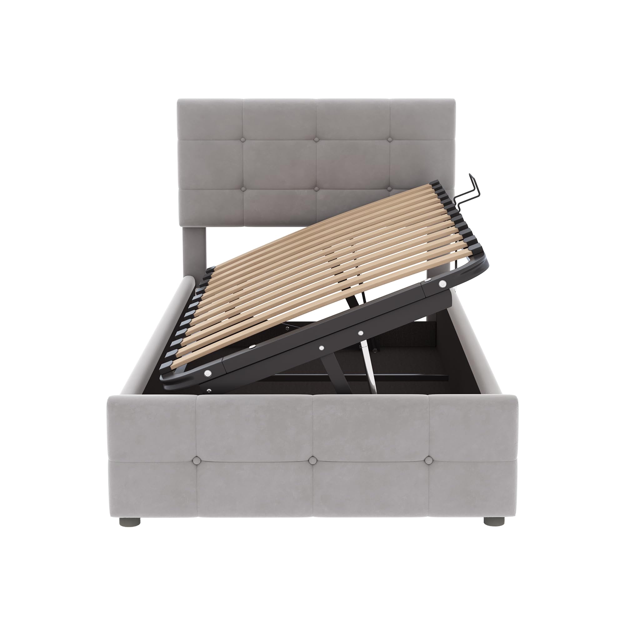 Boxspringbett 90x200 mit Bettkasten, Hydraulisches Einzelbett Polsterbett mit Lattenrost, Bettgestell mit Stauraum, Schlafzimmer Komplett, Stauraumbett, Samtstoff, Ohne Matratze, Grau