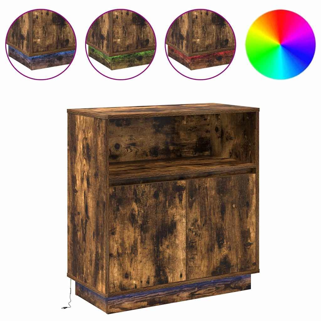 Buffet LED chêne fumé 71 x 34,5 x 75 cm en bois avec bandes LED RVB, portes pivotantes, éclairage alimenté par USB
