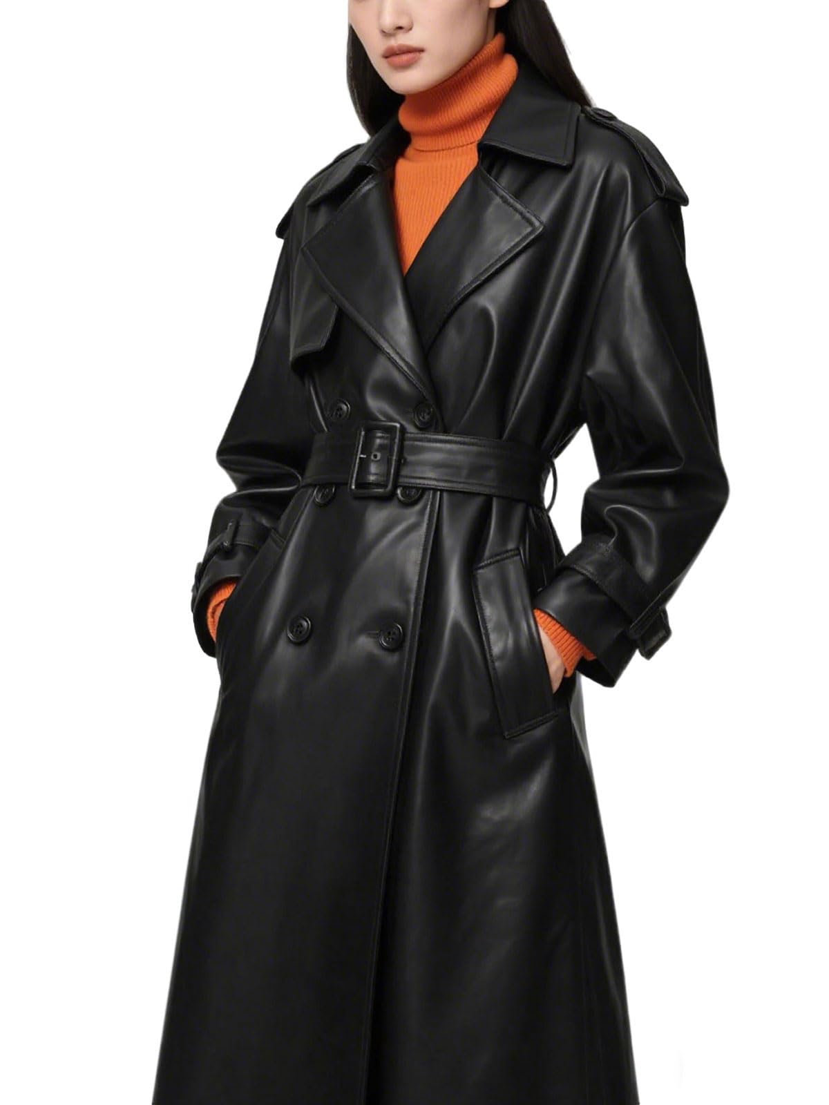 utcoco Womens Faux Leather Trench Coat Double Breasted Belted High Waist Long PU Leather Jacket Fall Winter Outerwear