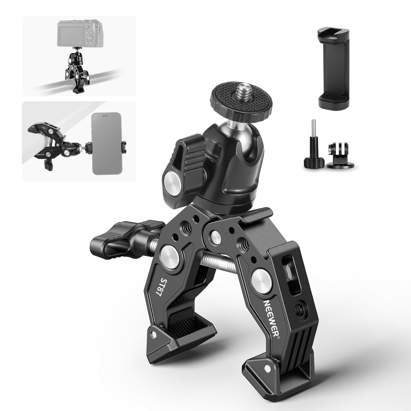NEEWER Super Clamp with Ballhead/Phone Holder/Action Camera Adapter, ST87