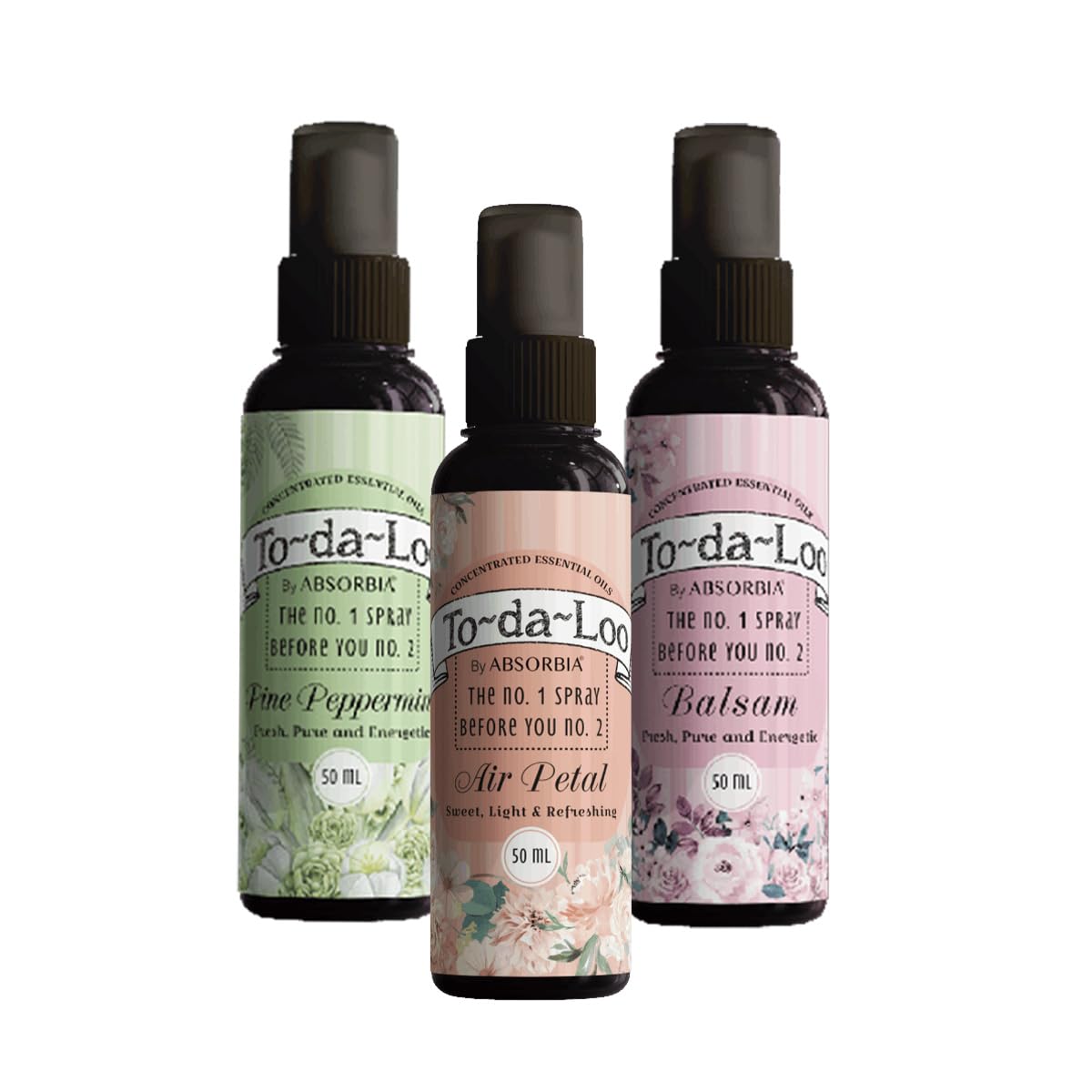 ABSORBIA To~Da~Loo Pre Poo Spray pack of 3 (50mlx3) | Air Petal, Balsam & Pine Peppermint | Pre toilet spray for bathrooms | Fresh pure and energetic fragrance……