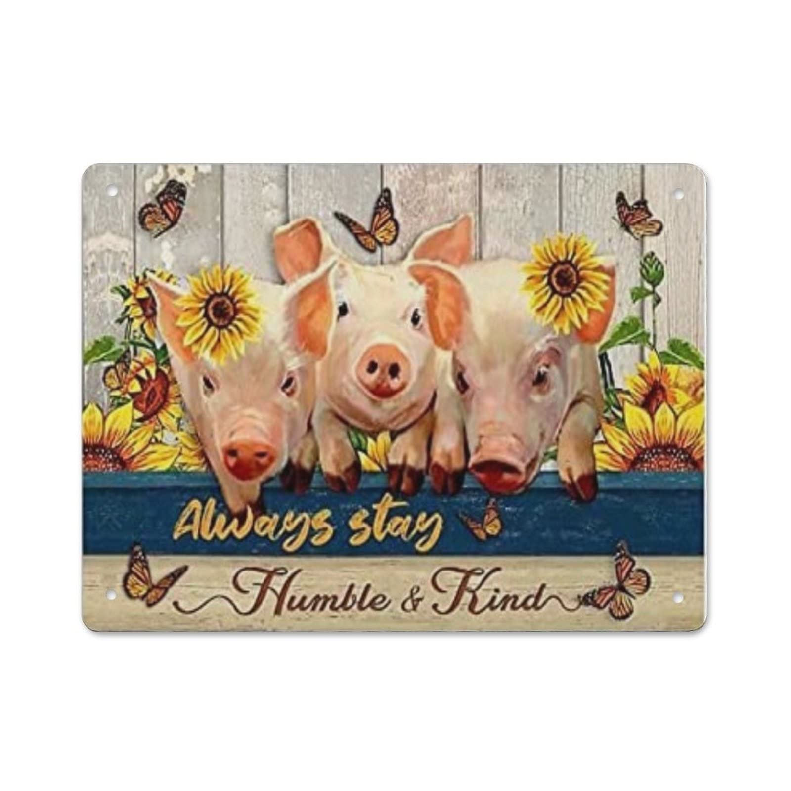AOOEDM Cute Little Pigs Stay Humble And Kind Tin Metal Sign Wall Decor Funny Inspirational Quote Wall Art Sign Vintage Tin Signs For Home Coffee Bar Man Cave Sign Pub Poster