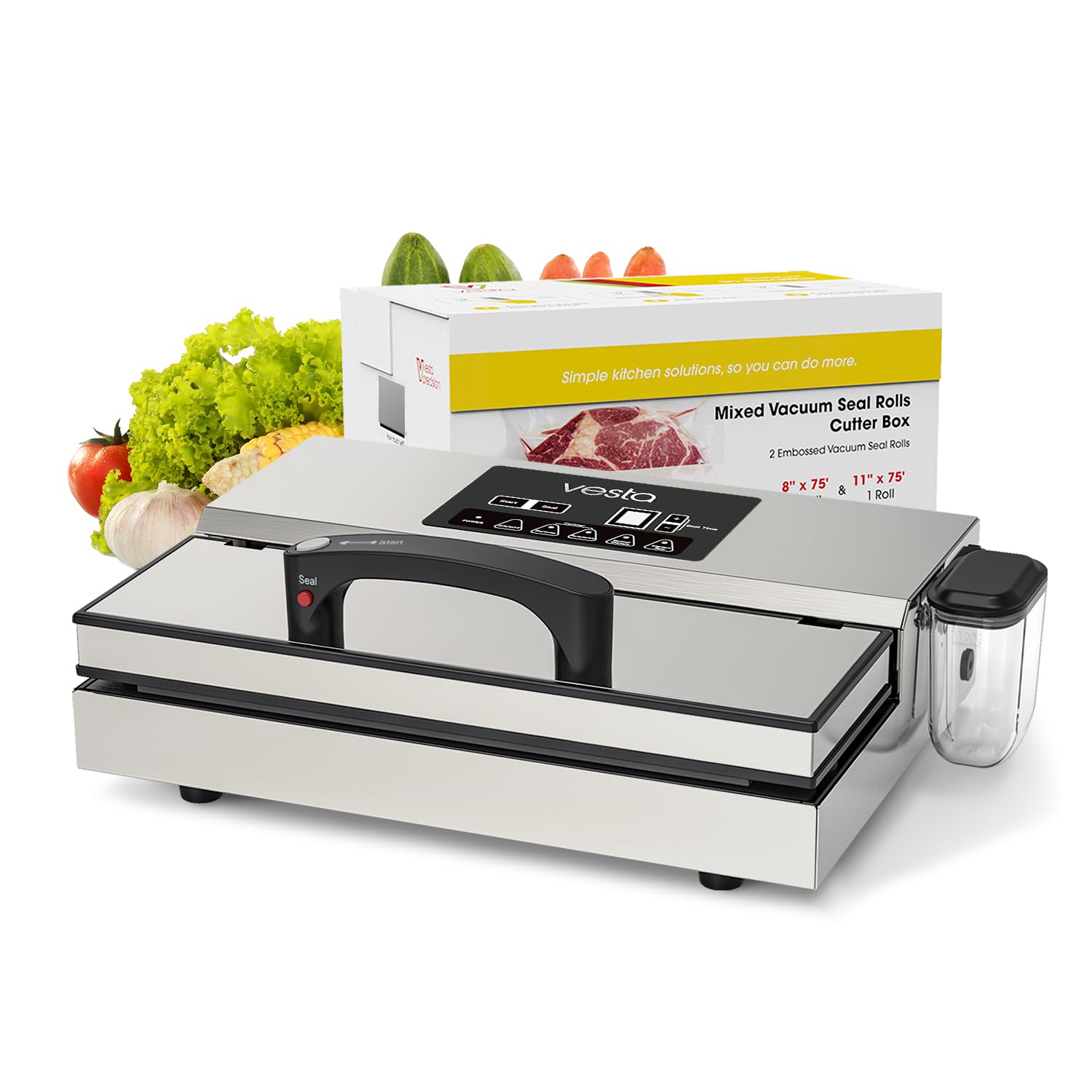 Vesta Precision Food Saver Vacuum Sealer Machine, 95kPa Commercial Grade Vacuum Sealer for Food, 12" Wide Sealing Bar & Smart Seal Design, Ideal for Sous Vide, includes Patented Cutter Box with Bags