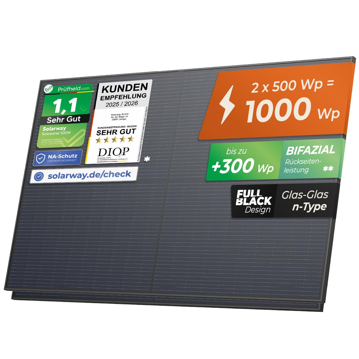 Solarway 500W Solarpanel Full Black Bifazial Glas/Glas PV Panel mit positiver Leistungstoleranz von 0-5 Watt, n-type, geeignet für Balkonkraftwerk