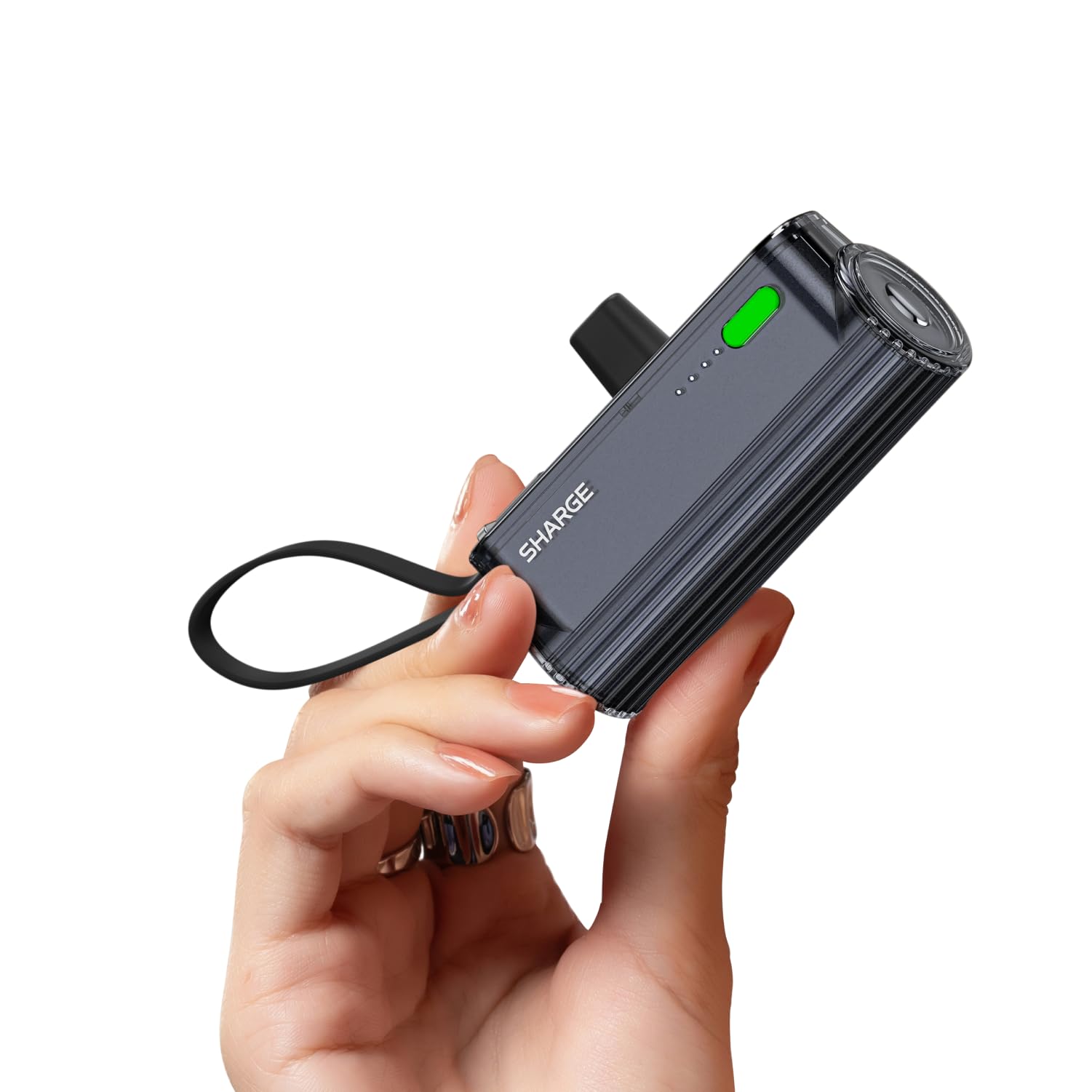 SHARGE Flow Mini 2.5000mAh Mini batteria esterna 22.5W PD USB C Power Bank | Batteria esterna compatta da 22,5 W con cavo USB-C integrato, ricarica rapida, doppia uscita e design ideale per i viaggi.