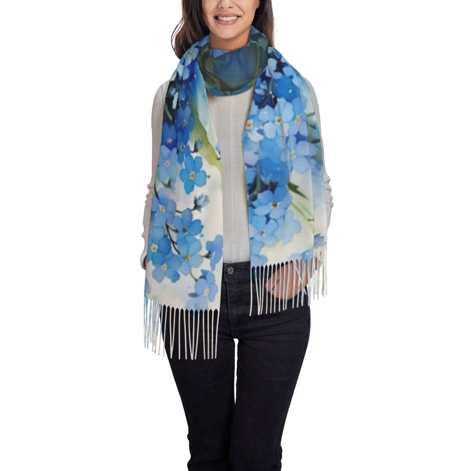 Tcoay Women's Shawl Printed Women's Scarf Faux Cashmere Scarf,Watercolor Forget Me Not Flowers