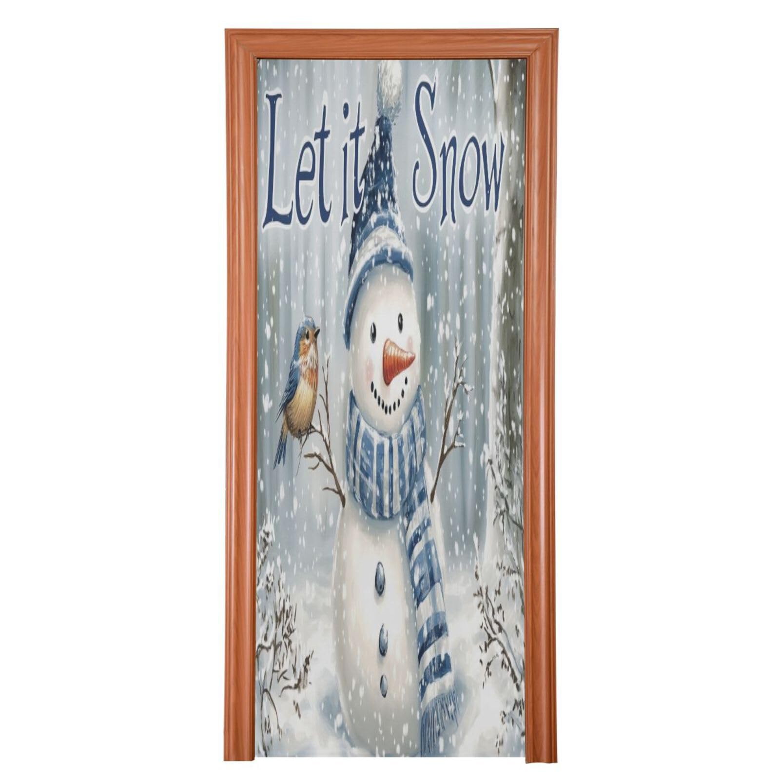 J JOYSAY Blue Snowman Bird Forest Door Decorations Door Cover Xmas Door Cover Xmas Party Decorations Sign for Indoor Outdoor Decoration,36x98 in