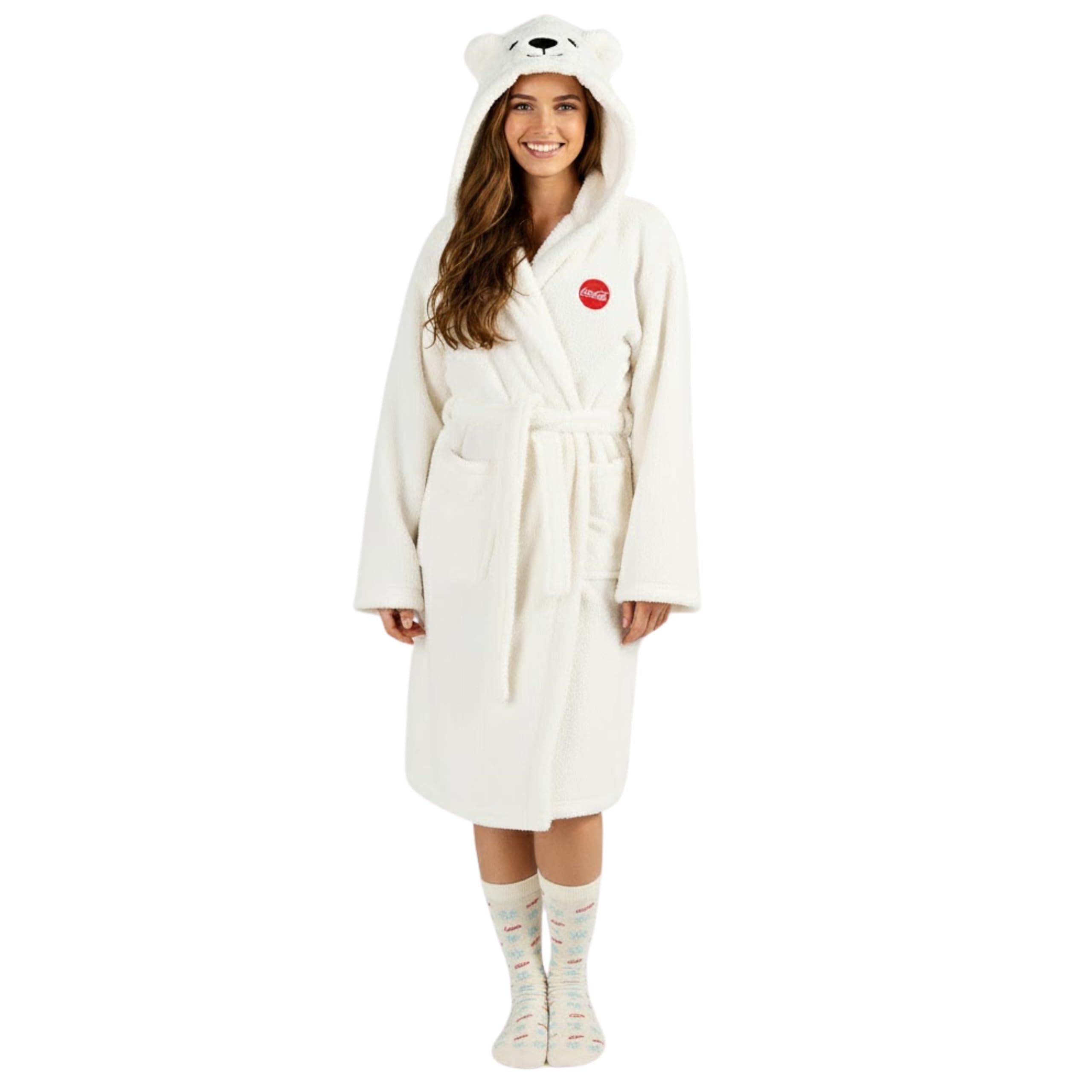 Officially Licensed Coca-Cola Polar Bear Dressing Gown – Cosy White Sherpa Fleece Hooded Robe (Unisex)– Adults Medium
