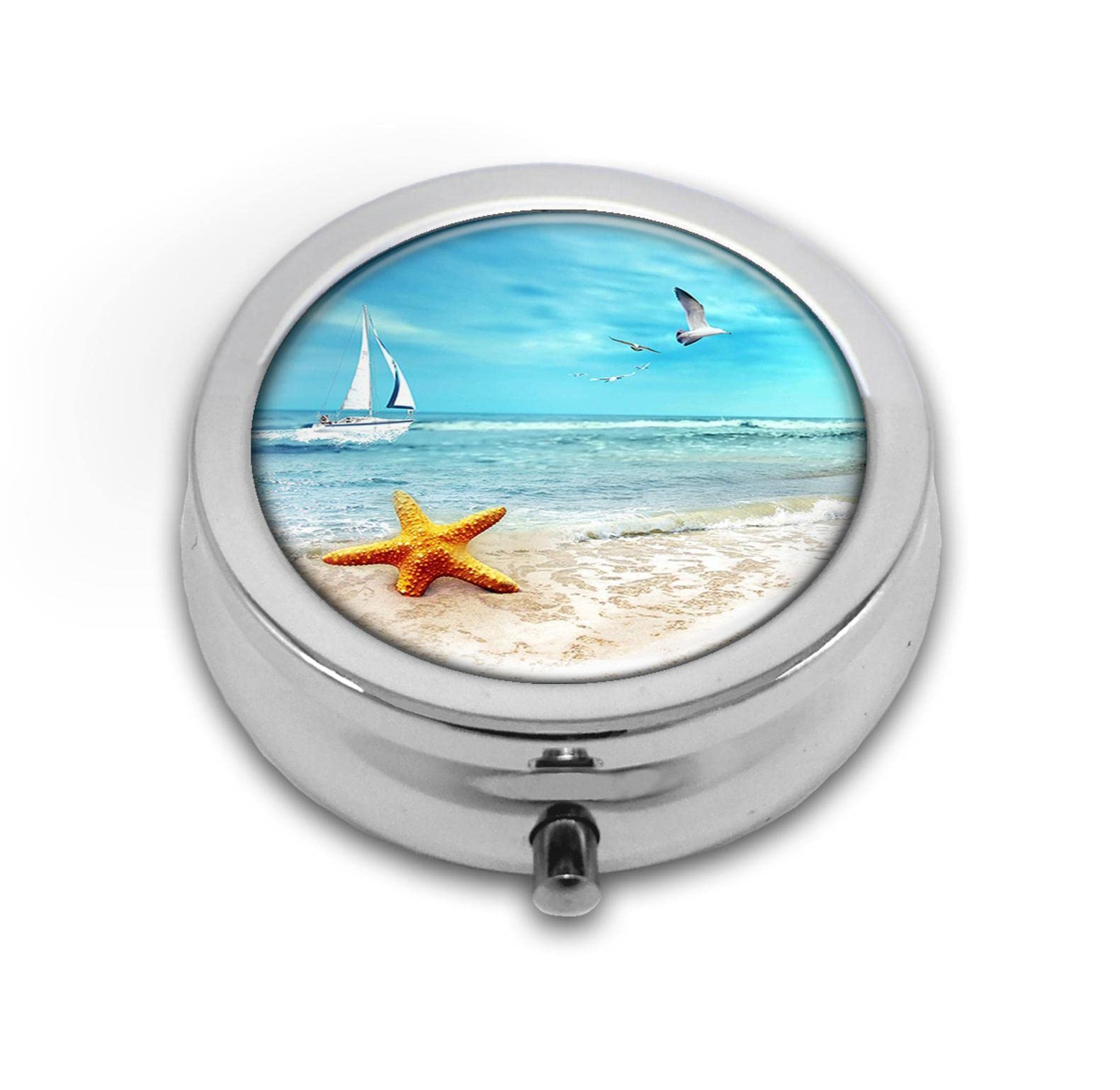 Pill Box,Beach Starfish Round Pill Box 3 Compartment Decorative Pocket Purse Portable Mini Travel Medicine Tablet Vitamin Holder Organizer Pill Case