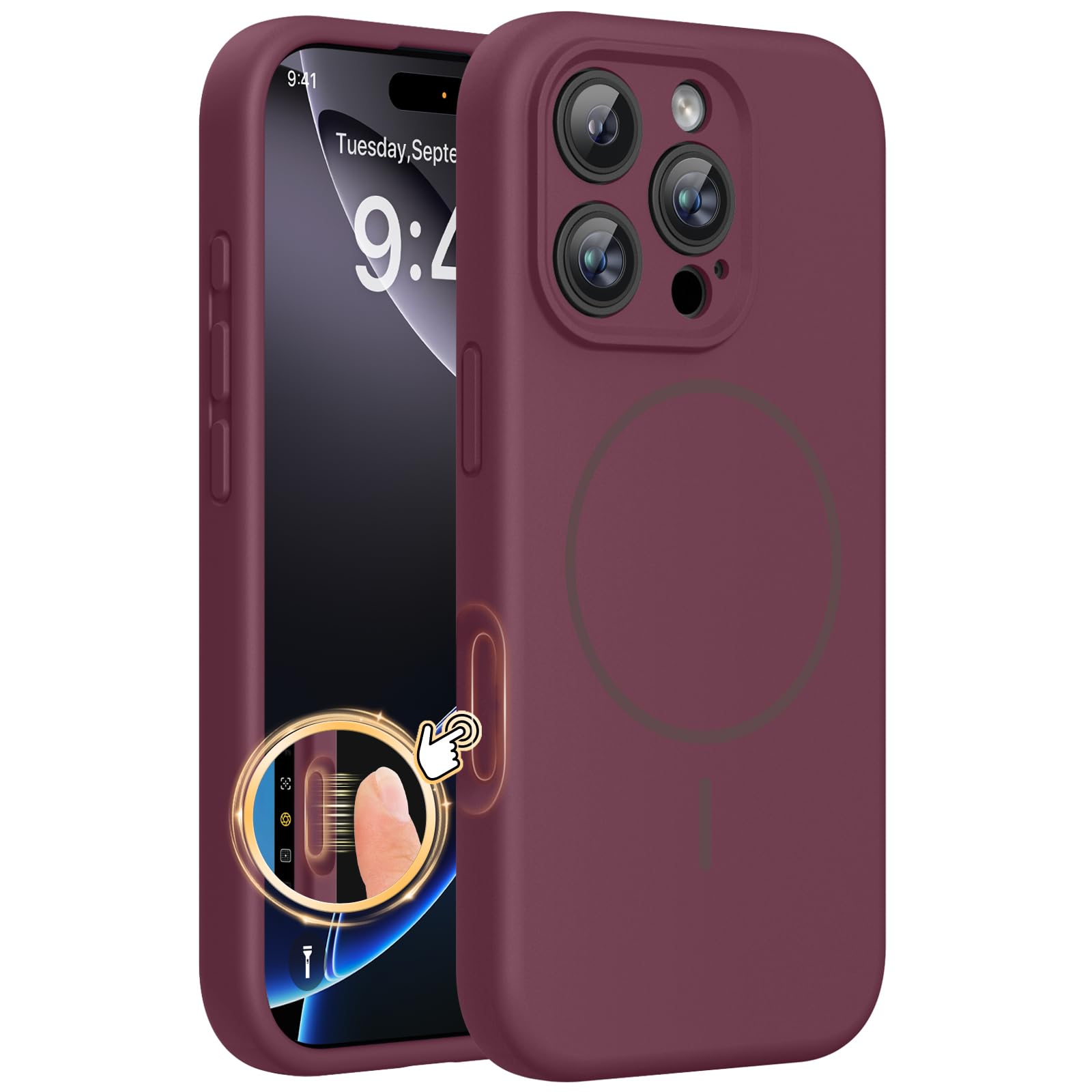 Miracase Magnetic for iPhone 16 Pro Case, Silicone, Wine Red | Compatible with MagSafe, Soft Microfiber Lining, Liquid Silicone Case Shockproof Drop Protection Phone Case for 16 Pro