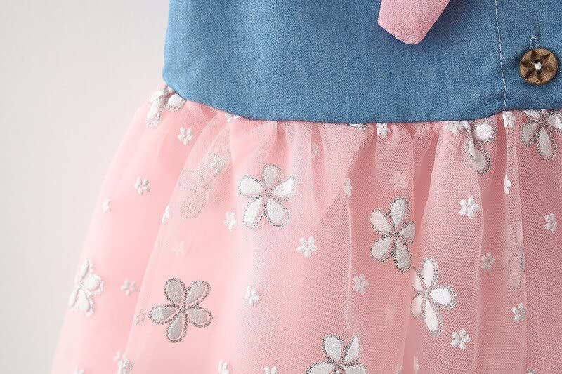 Image of Bold N Elegant Cap Sleeve Denim Embroidered Midi Party Dress Frock with Hat Dress for Infant Toddler Girl Baby Girl