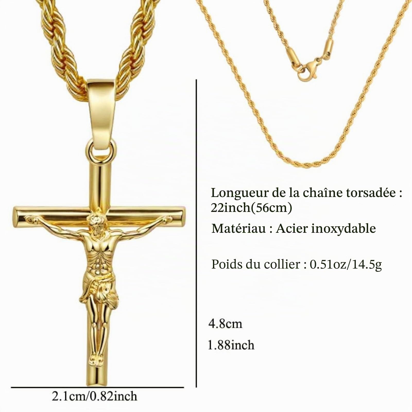 Collier Croix pour Homme Femme, Chaîne en Acier Inoxydable Plaqué Or 18K avec Pendentif Crucifix, Pendentif Croix Jésus Christ Cadeau Religieux pour Pâques Fête des Pères Noël