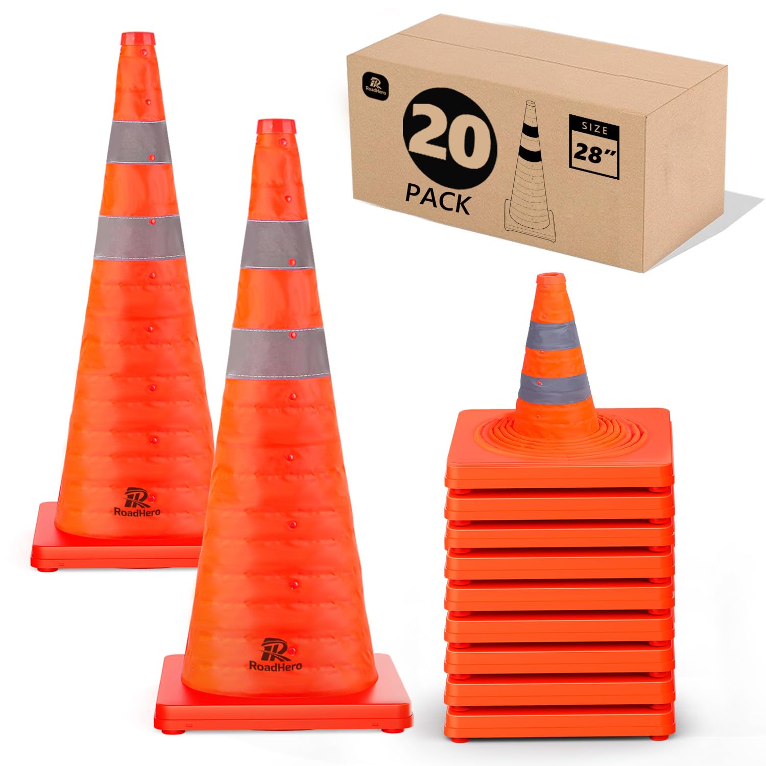 RoadHero 28 Inch 20 Pack Collapsible Traffic Safety Cones, Multi Purpose Pop-up Cones with Reflective Collar for Road Safety, Orange Cones for Driving Training, Parking Lots