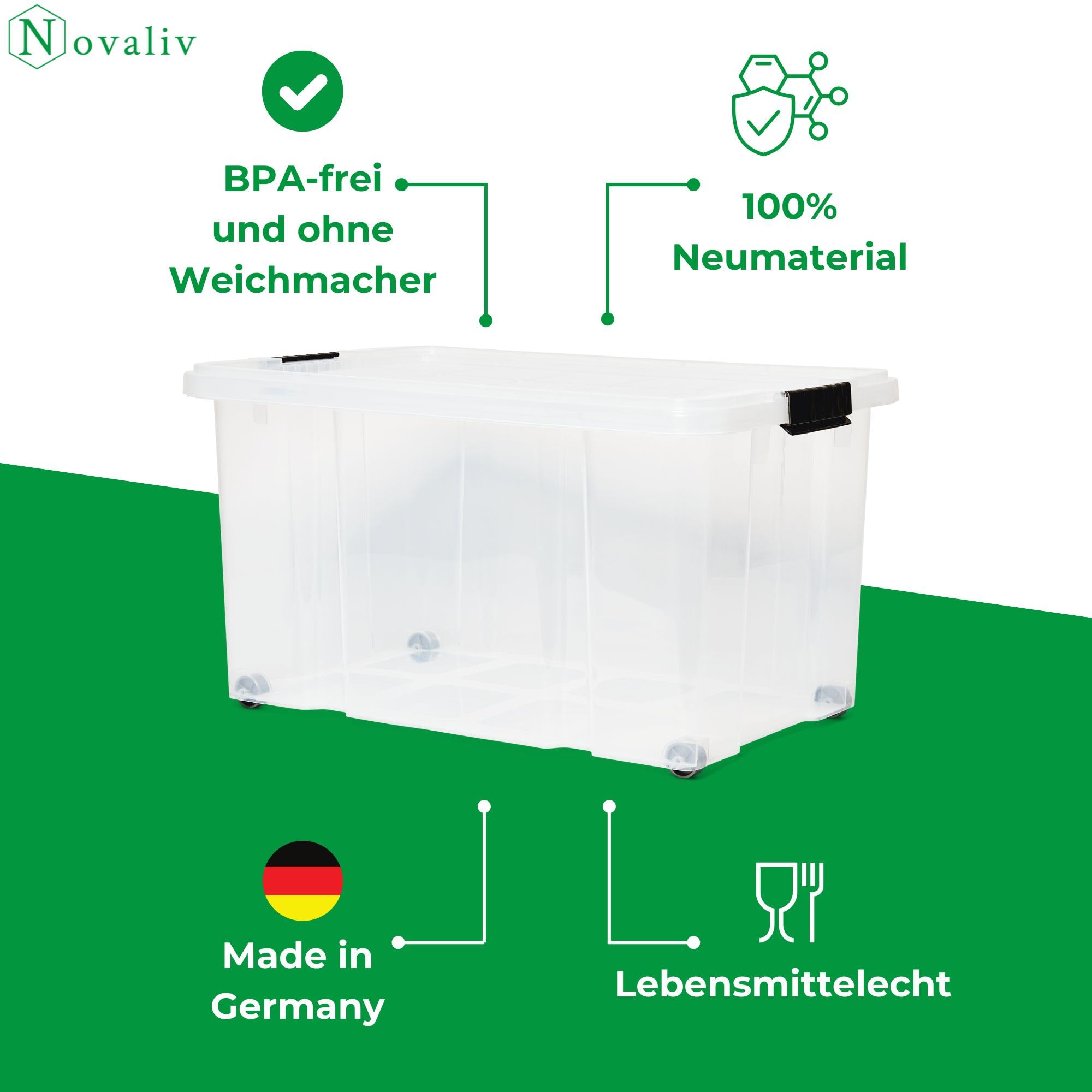 Novaliv - Set di 2 contenitori con coperchio, trasparente, 1 x 55 l + 1 x 28 l, impilabili, con chiusura a clip, senza BPA