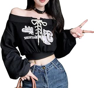 [ＷＡＮＳＨＩＸ] クロップド丈 トレーナー オフショルダー レディース レースアップ プルオーバー 長袖 無地 へそ出し セクシー ヒップホップ ショート丈 上着 地雷系 カットソー 肩出しパーカー ダンス衣装