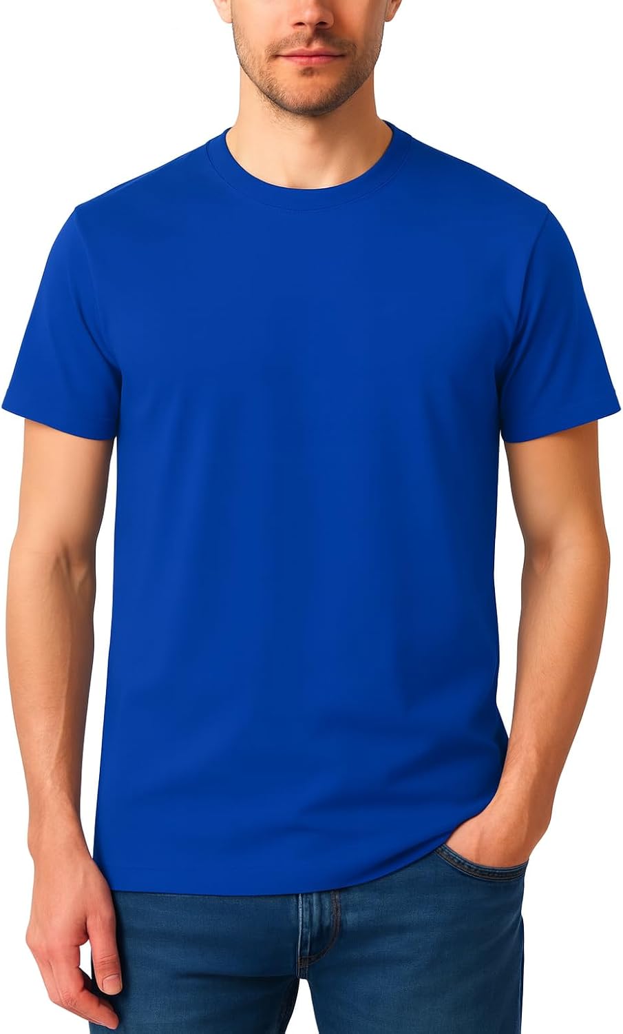 (Similar to stock photo) (size small) Men’s T-Shirt 100% Cotton Premium Crew Neck, Short Sleeve, Regular Fit, Solid Casual Tee Medium Blue