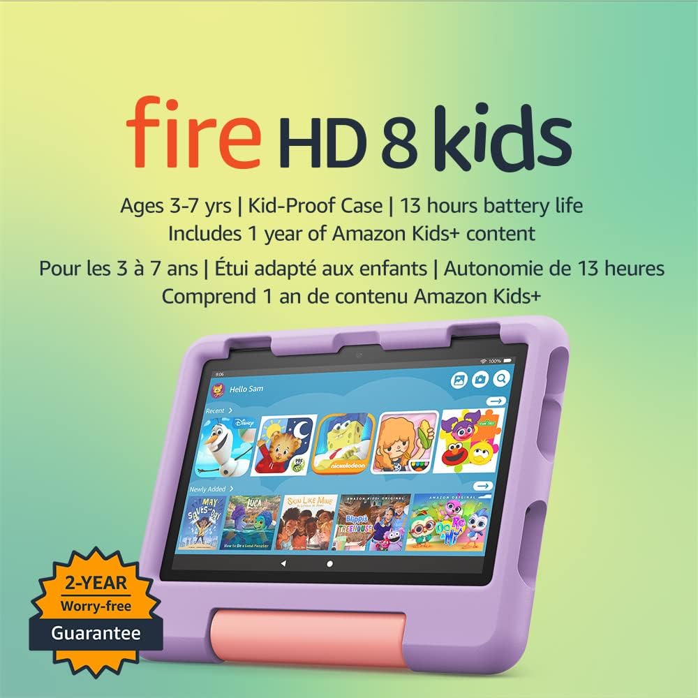 Amazon Fire HD 8 Kids tablet, 8" HD display, ages 37, includes 2year