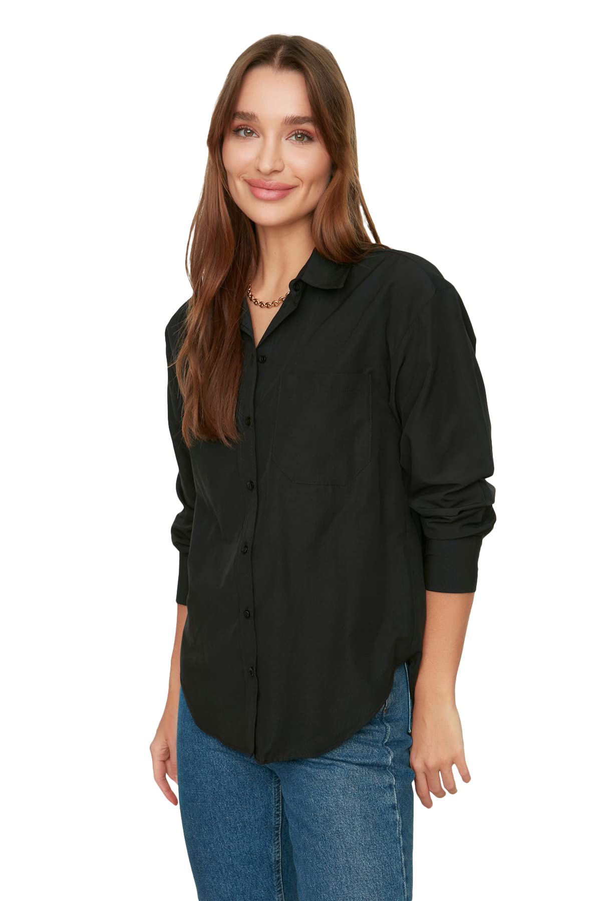 Trendyol Damen Schwarz Black Boyfriend Shirt, 40 Eu