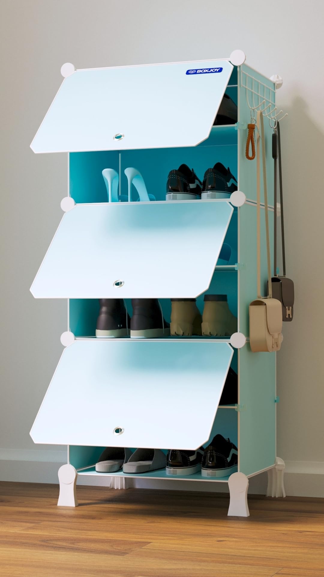 BOXJOY 6 Shelf Shoe Rack with 3 Doors, 5 Hook Steel Holder & Wooden Hammer