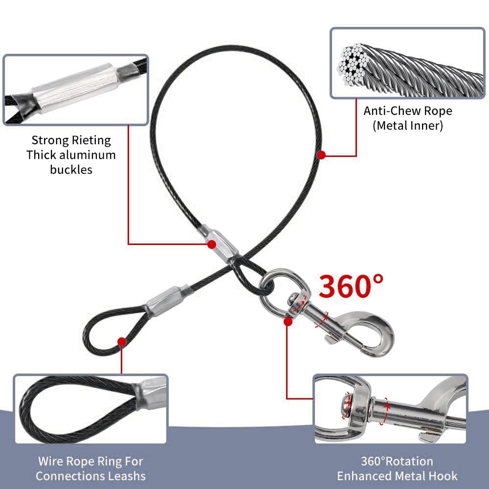 4 Piezas Correa Perro Cable de Acero Resistente Antimordeduras Gancho Giratorio de 360 Grados Apto para Gatos y Perros