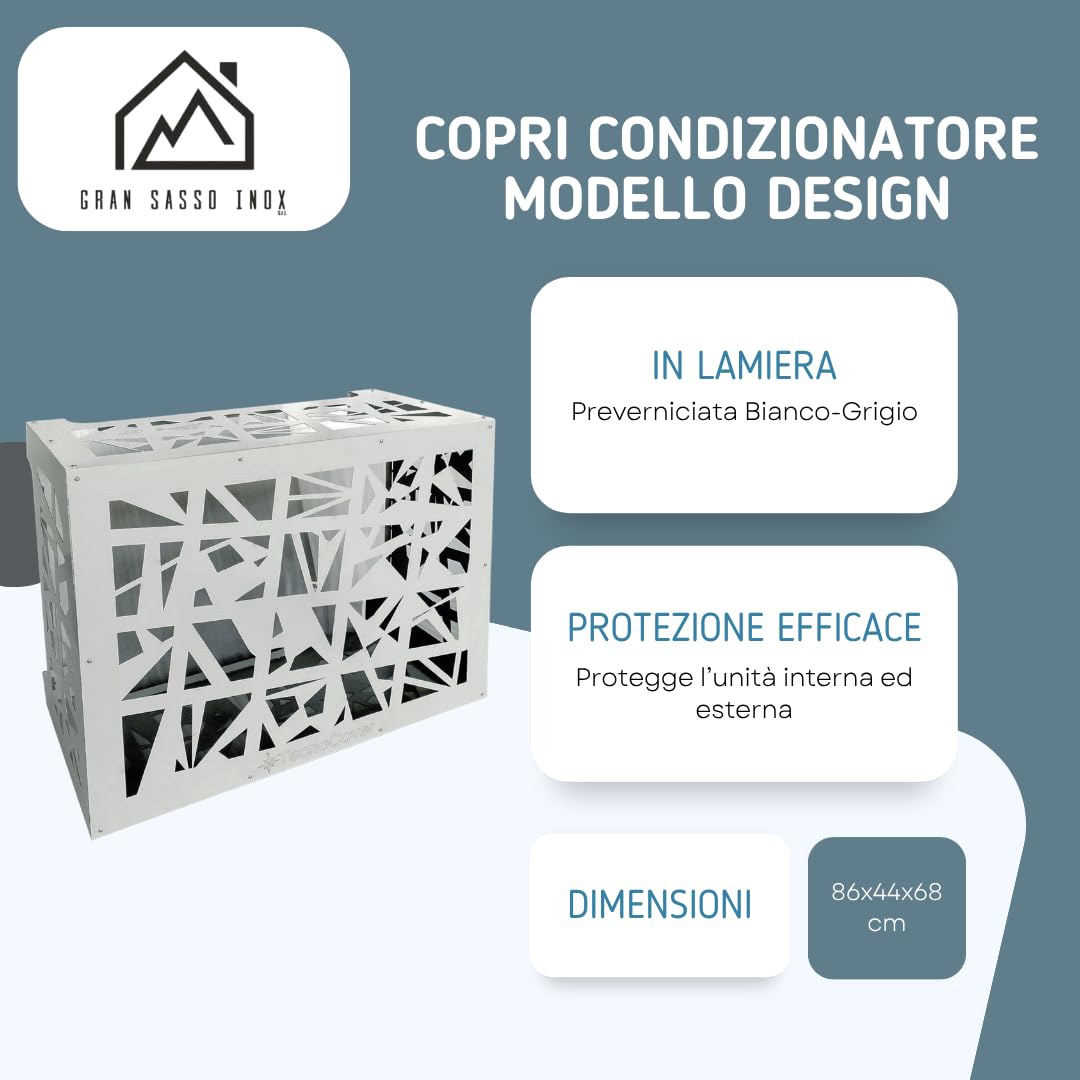 Copri Condizionatore da Esterno in Lamiera Preverniciata Bianco-Grigio SP. 6/10 – Misure L86xP44xH68 cm – Modello Design – Fornito Smontato con Kit di Montaggio e Istruzioni incluse
