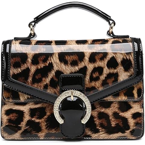 Women Glossy Patent Leather Leopard Print Flap Top Handle Handbag Shopper Shoulder Bag With Hourseshoe Shape Hardware-Brown Cover