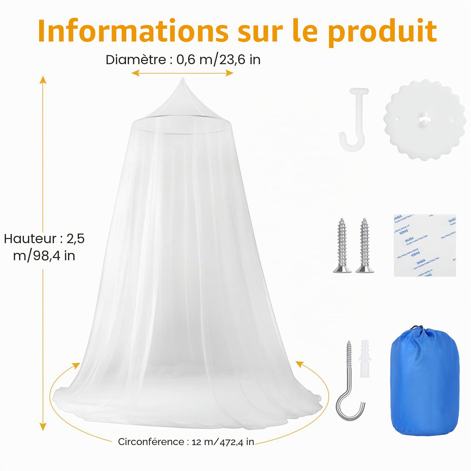 moustiquaire pour lits doubles et simples, grande moustiquaire de voyage, mailles fines pour protection contre les moustiques