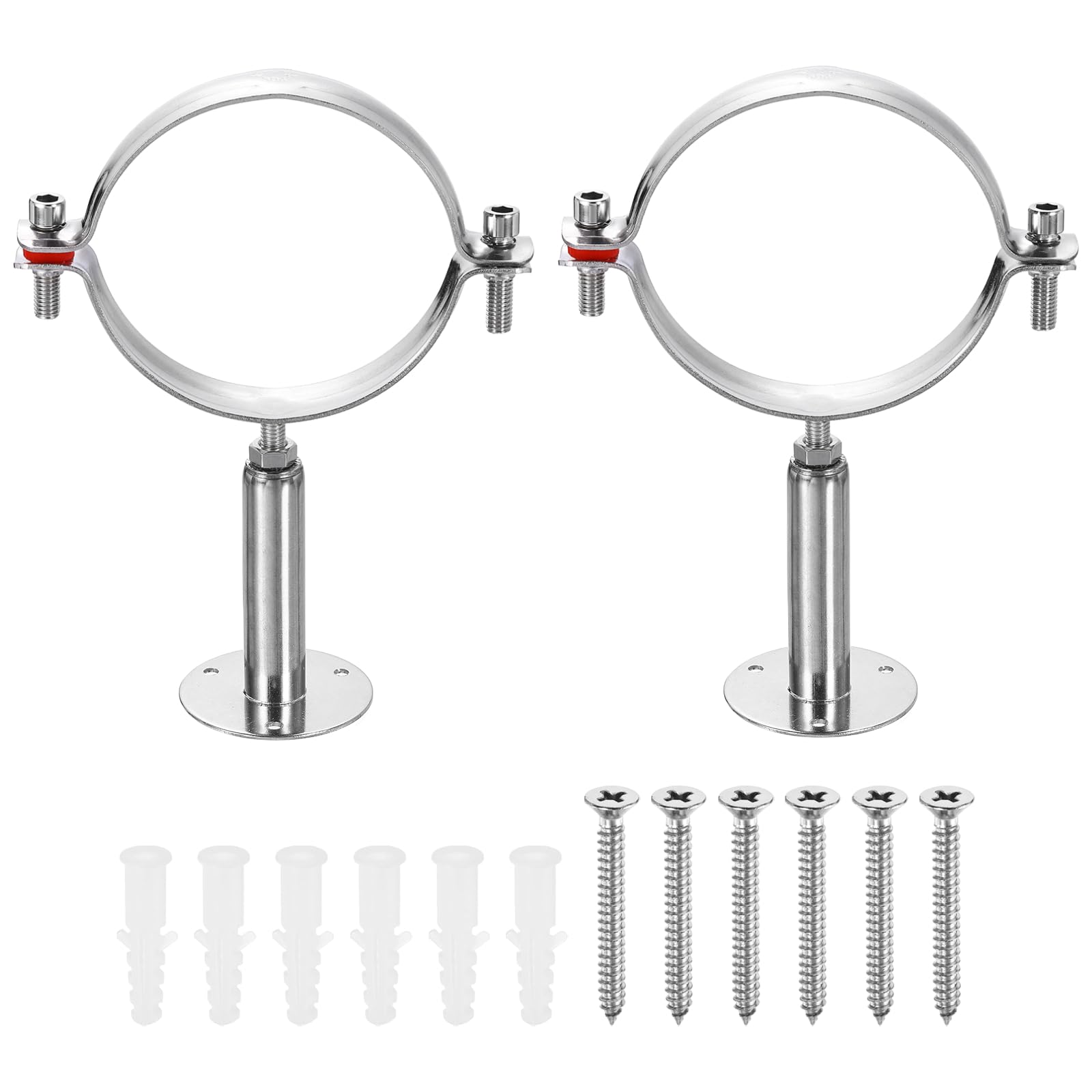 sourcing map 2 Set Wall Mount Ceiling Mount Pipe Supports 304 Stainless Steel Adjustable Pipe Bracket Clamp with Screw for OD Pipe 4"-4.3" (102-108mm) Adjustable Height 100-150mm