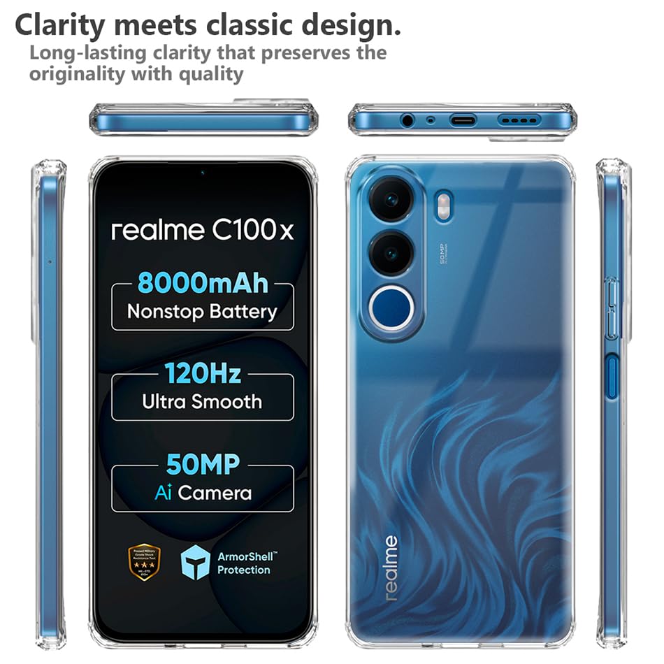 Image of Fashionury Shockproof Crystal Clear Back Case Cover for Realme C100X 5G | Transparent Back Cover | Raised Bumps for Camera & Screen Protection for Realme C100X 5G