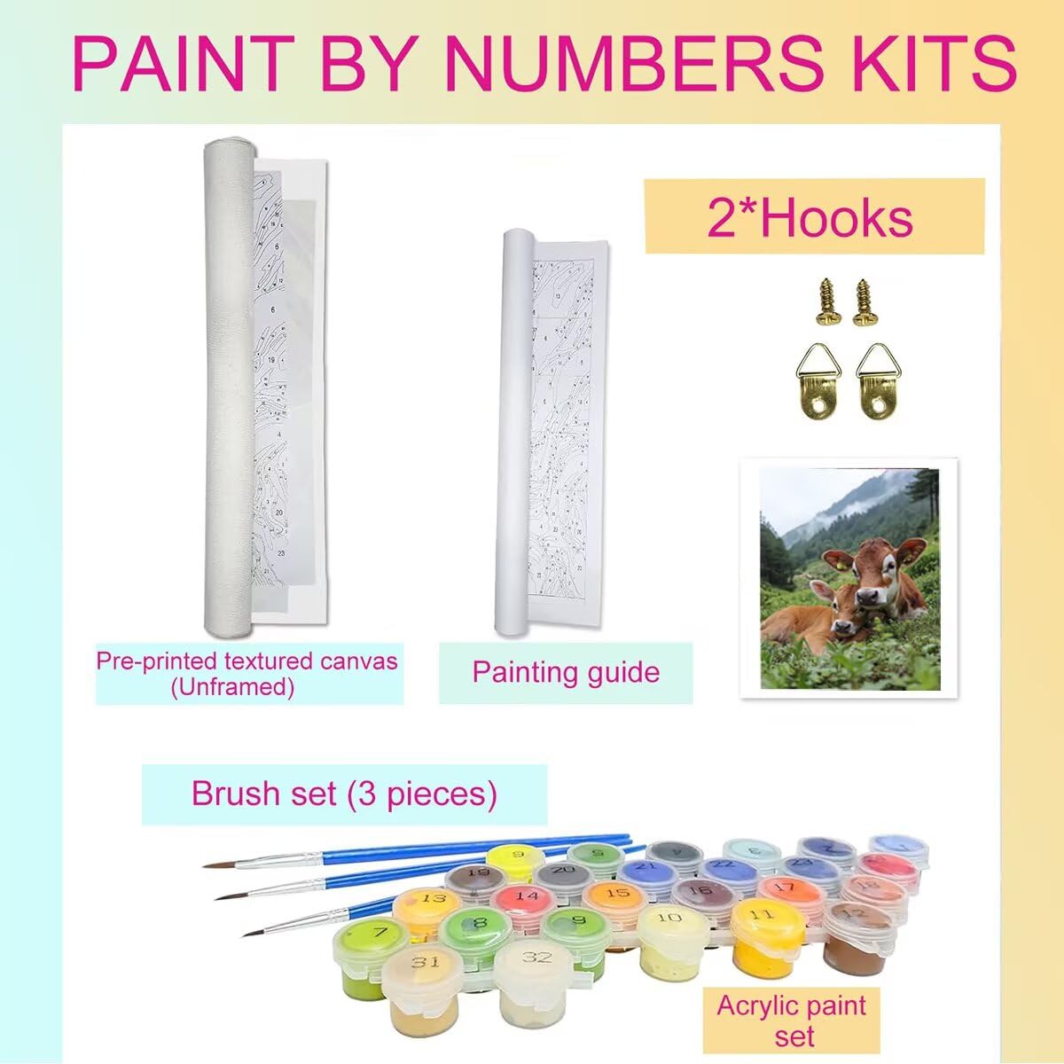 Dipingere con i Numeri Bue, Paint by Numbers Adulti Azienda agricola, Fai da te Creativi Adulti Quadri da Dipingere Numerati Kit per Decorazione Della Parete Casa, Regalo 100x135cm Senza Cornice 23-B