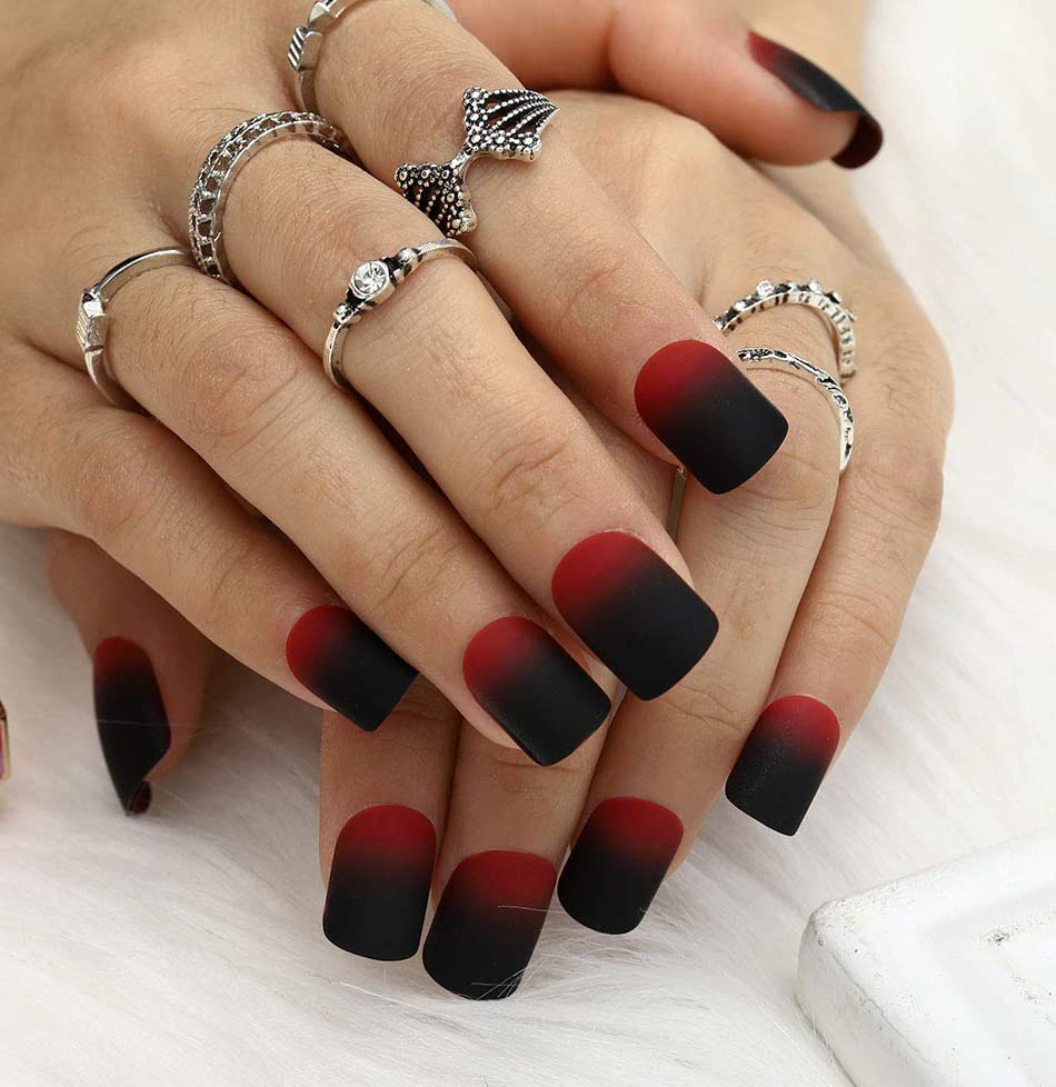 Ronglia Short Press on Nails Red Matte Fake Nails Square Gradient False Nails for Women and Girls (24Pcs)