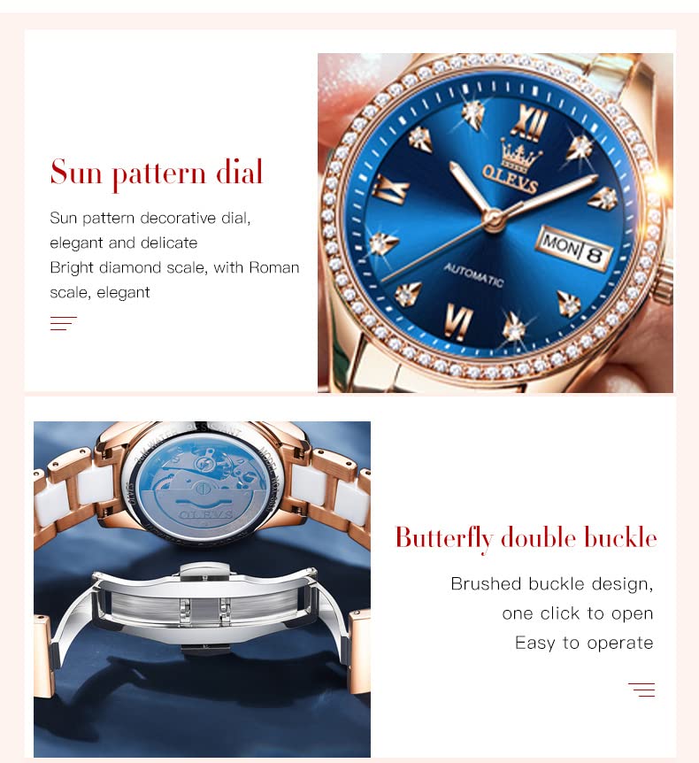 OLEVS Watch for Women Automatic Self Winding Mechanical Ladies Wrist Watch Big face Two Tone Stainless Steel Ceramic Bracelet Heart Diamond Fashion Luxury Ceramic Band Luminous Waterproof4