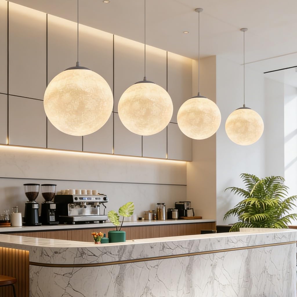 Moderno Luna Colgante Luz E27 Nórdico Dormitorio Resina Fibra Esférica Lámpara Restaurante Tienda Diseño Creativo Bar Billar En Forma De Luna Planeta Lampadario Da Soffitto(25cm)